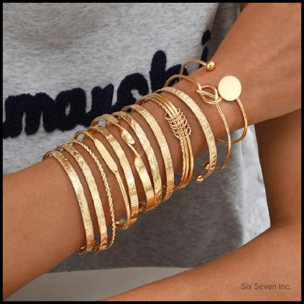 Gold Plated Bangle Bracelets Stackable Set Textur… - image 5